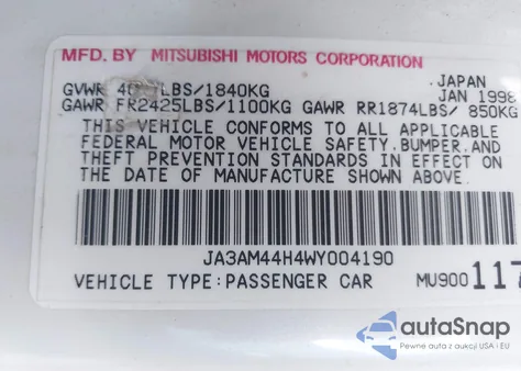 1998 Mitsubishi 3000 Gt z USA, uszkodzony, nr VIN JA3AM44H4WY004190